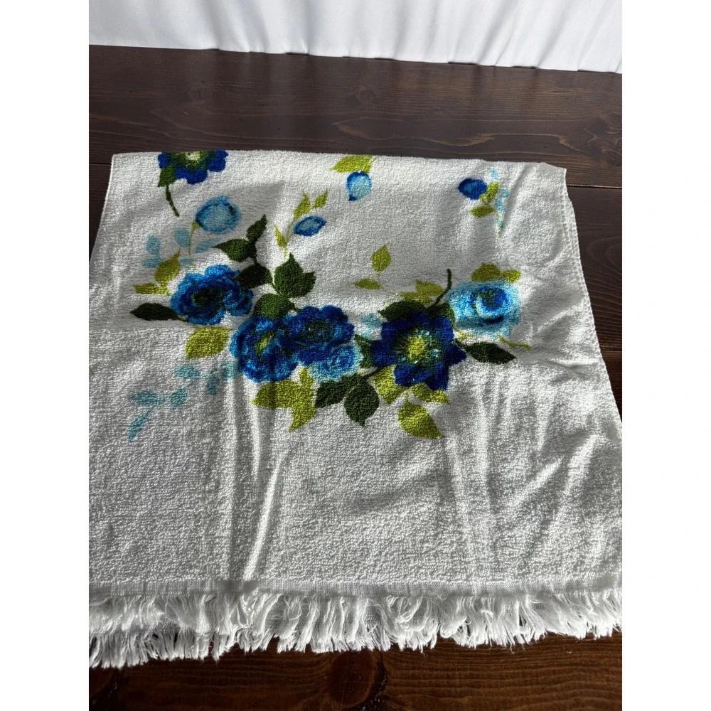 Vintage Blue Rose Floral Cotton Hand Towel Fringe Made in USA 22x41